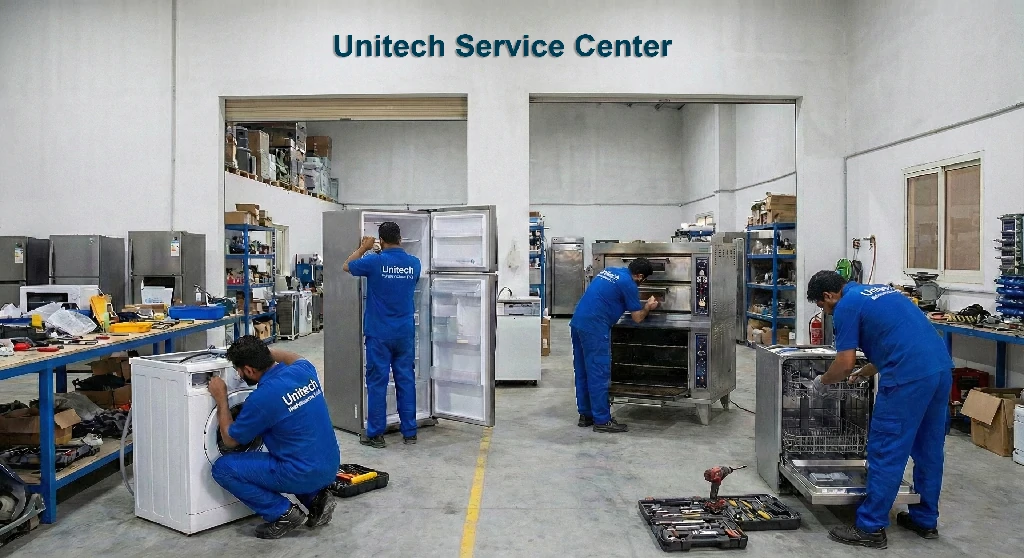 UNITECH service team repairing home appliances in our UAE workshop